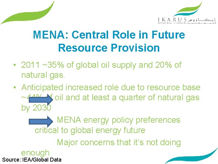 MENA: Central Role in Future Resource Provision • 2011 ~35% of global oil supply