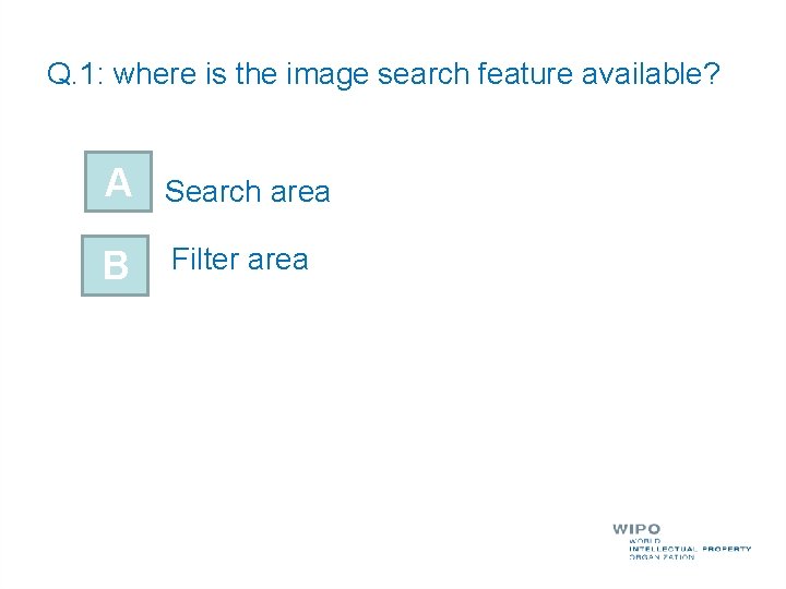 Q. 1: where is the image search feature available? A Search area B Filter