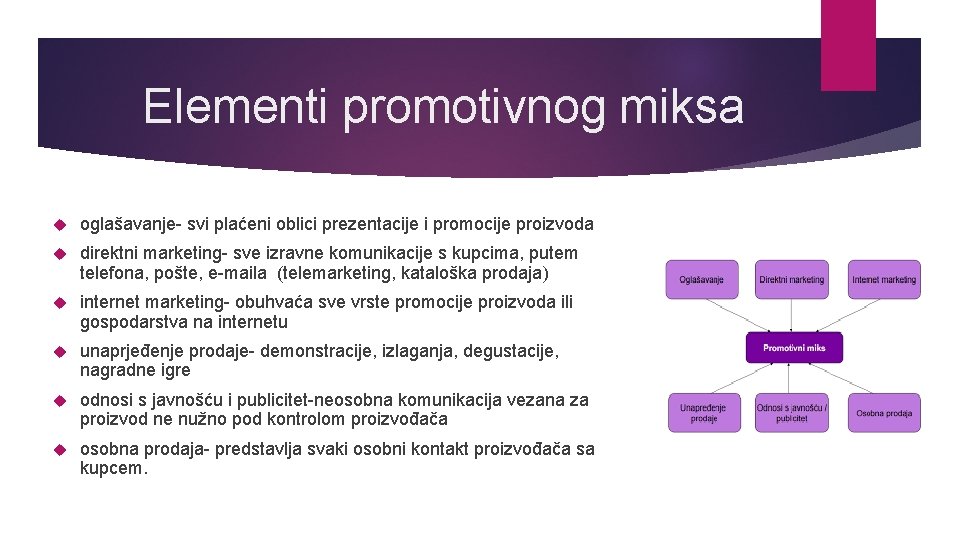 Elementi promotivnog miksa oglašavanje- svi plaćeni oblici prezentacije i promocije proizvoda direktni marketing- sve