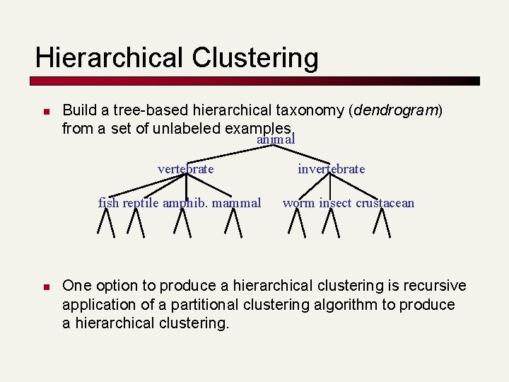 Hierarchical Clustering n Build a tree-based hierarchical taxonomy (dendrogram) from a set of unlabeled