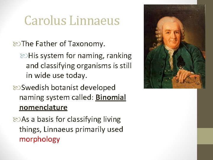 Carolus Linnaeus The Father of Taxonomy. His system for naming, ranking and classifying organisms