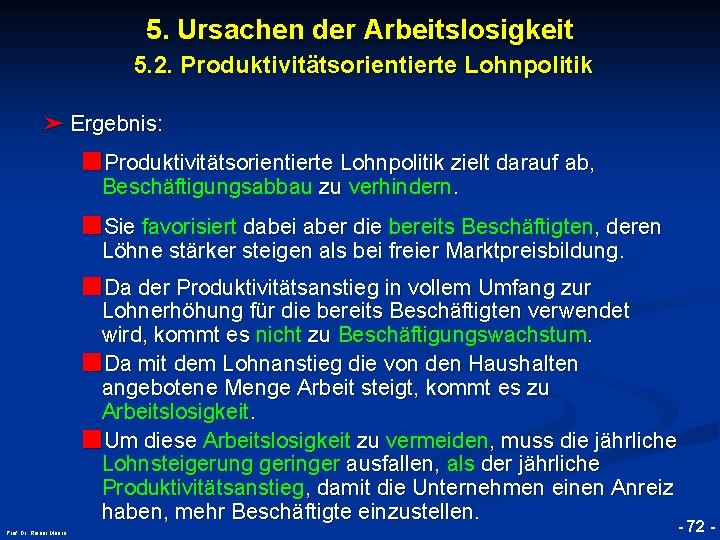 5. Ursachen der Arbeitslosigkeit 5. 2. Produktivitätsorientierte Lohnpolitik ➤ Ergebnis: ■Produktivitätsorientierte Lohnpolitik zielt darauf