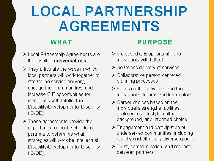 LOCAL PARTNERSHIP AGREEMENTS WHAT PURPOSE Ø Local Partnership Agreements are the result of conversations.