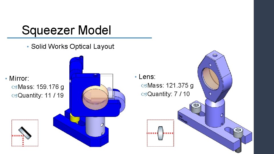 Squeezer Model • • Solid Works Optical Layout Mirror: Mass: 159. 176 g Quantity: