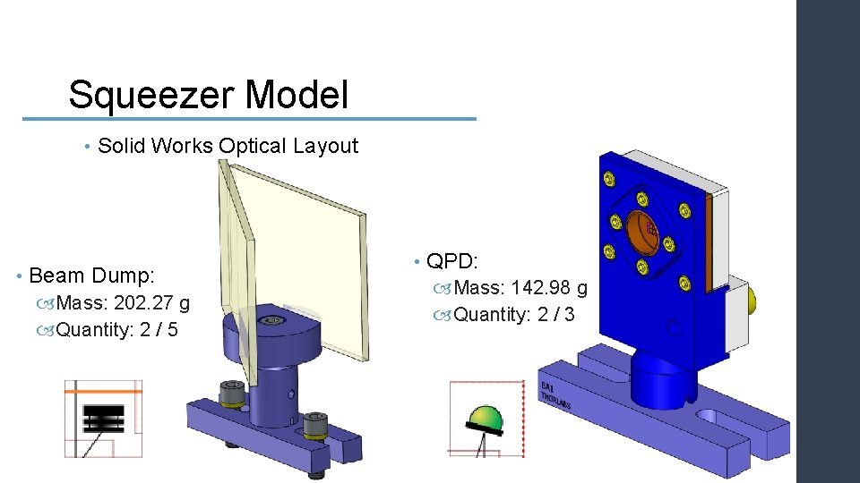 Squeezer Model • • Solid Works Optical Layout Beam Dump: Mass: 202. 27 g