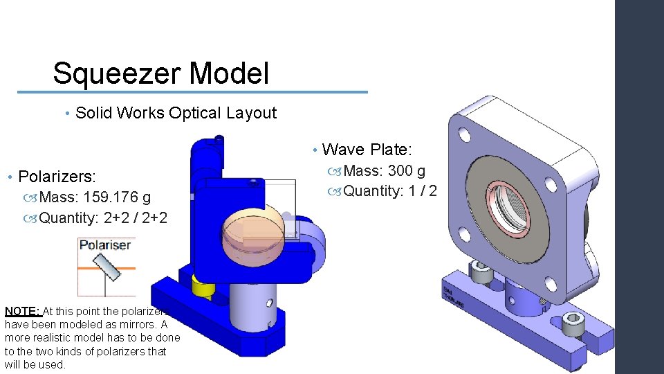 Squeezer Model • Solid Works Optical Layout • • Polarizers: Mass: 159. 176 g