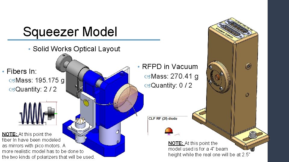 Squeezer Model • • Solid Works Optical Layout Fibers In: Mass: 195. 175 g