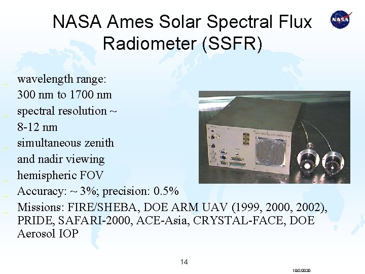 NASA Ames Solar Spectral Flux Radiometer (SSFR) _ _ _ wavelength range: 300 nm