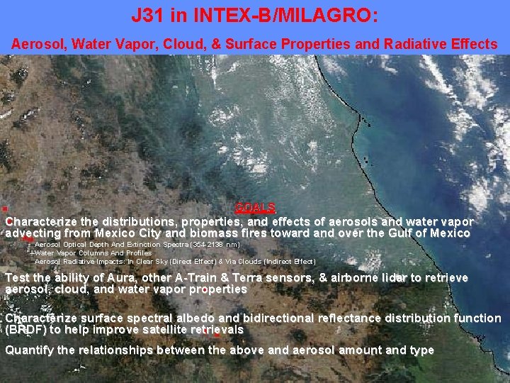 J 31 in INTEX-B/MILAGRO: Aerosol, Water Vapor, Cloud, & Surface Properties and Radiative Effects