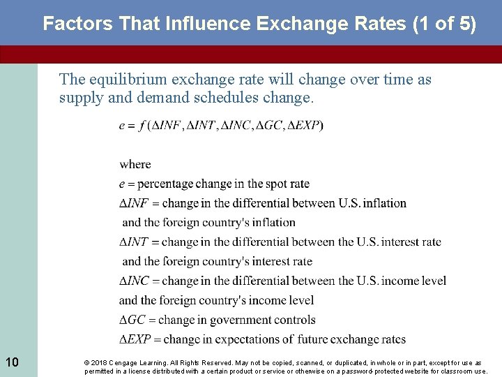 Factors That Influence Exchange Rates (1 of 5) The equilibrium exchange rate will change