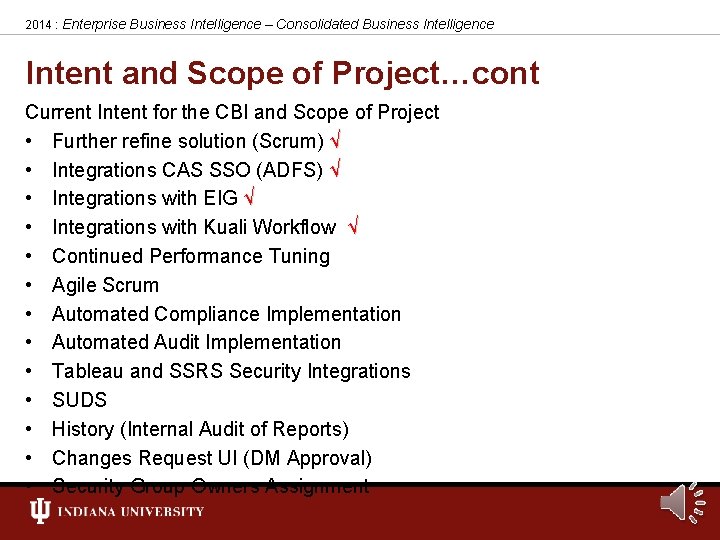 2014 : Enterprise Business Intelligence – Consolidated Business Intelligence Intent and Scope of Project…cont