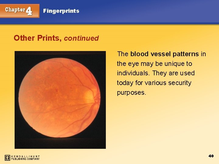 Fingerprints Other Prints, continued The blood vessel patterns in the eye may be unique