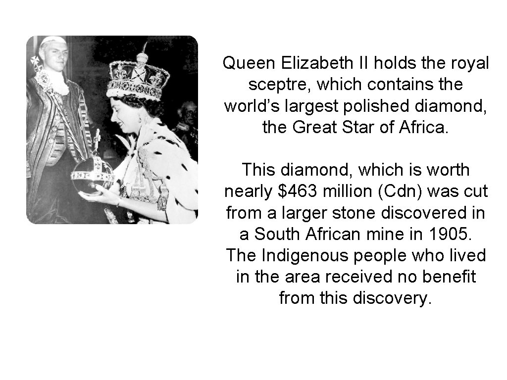 Queen Elizabeth II holds the royal sceptre, which contains the world’s largest polished diamond,