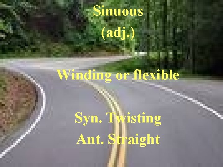 Sinuous (adj. ) Winding or flexible Syn. Twisting Ant. Straight 