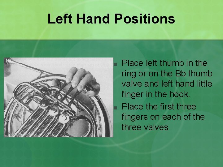 Left Hand Positions ■ ■ Place left thumb in the ring or on the