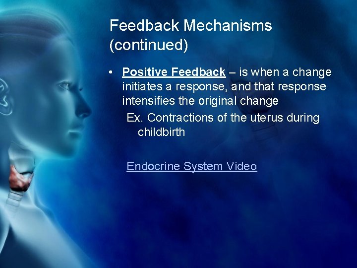 Feedback Mechanisms (continued) • Positive Feedback – is when a change initiates a response,