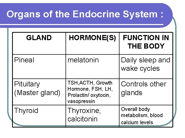 Organs of the Endocrine System : GLAND HORMONE(S) FUNCTION IN THE BODY Pineal melatonin