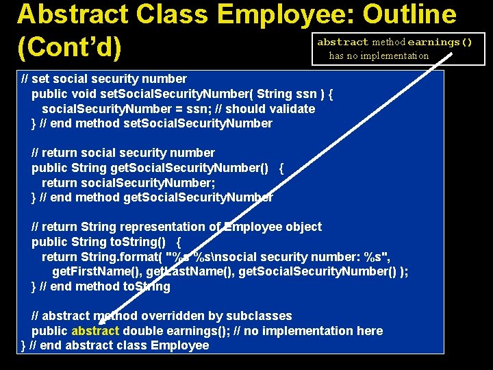 Abstract Class Employee: Outline (Cont’d) abstract method earnings() has no implementation // set social