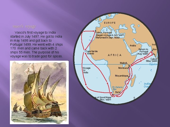vasco’s voyage Vasco's first voyage to India started in July 1497. He got to