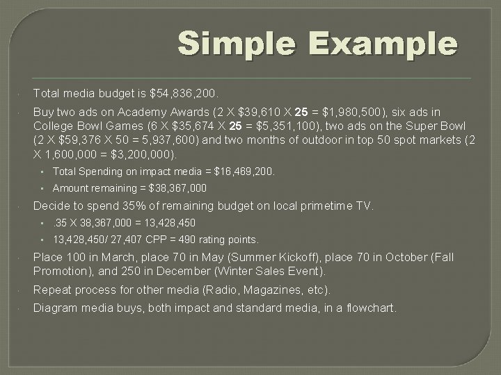 Simple Example Total media budget is $54, 836, 200. Buy two ads on Academy