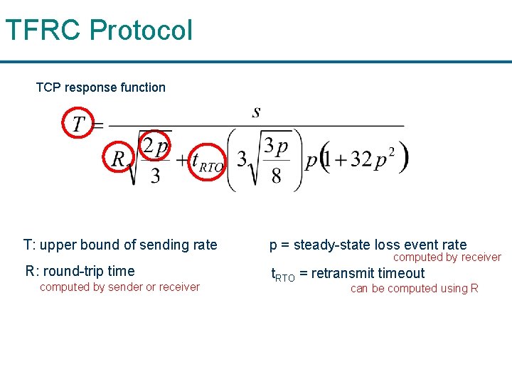 TFRC Protocol TCP response function T: upper bound of sending rate p = steady-state