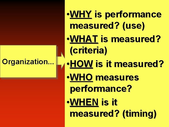 Organization. . . • WHY is performance measured? (use) • WHAT is measured? (criteria)