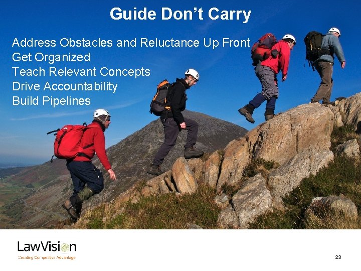 Guide Don’t Carry Address Obstacles and Reluctance Up Front Get Organized Teach Relevant Concepts