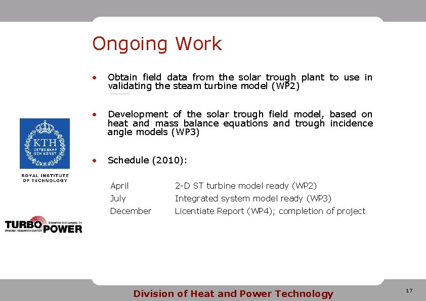 Ongoing Work • Obtain field data from the solar trough plant to use in
