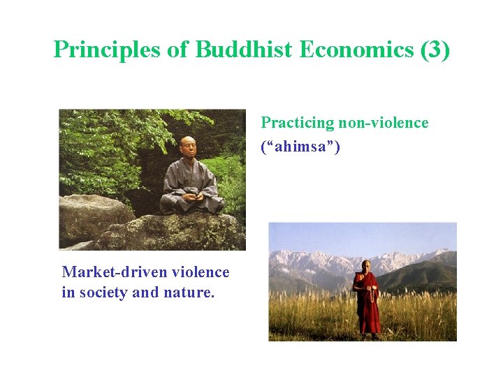 Principles of Buddhist Economics (3) Practicing non-violence (“ahimsa”) Market-driven violence in society and nature.