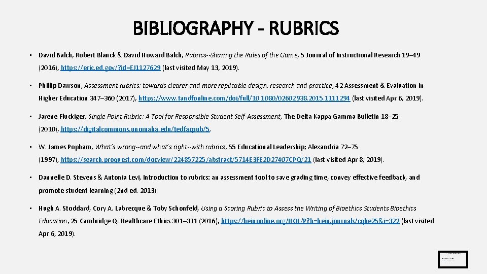 BIBLIOGRAPHY - RUBRICS • David Balch, Robert Blanck & David Howard Balch, Rubrics--Sharing the