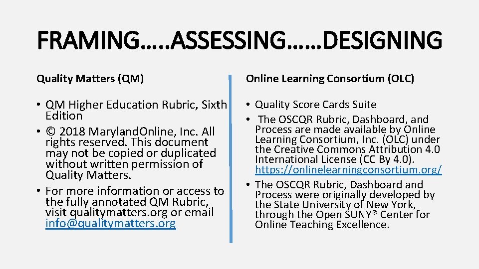 FRAMING…. . ASSESSING……DESIGNING Quality Matters (QM) Online Learning Consortium (OLC) • QM Higher Education