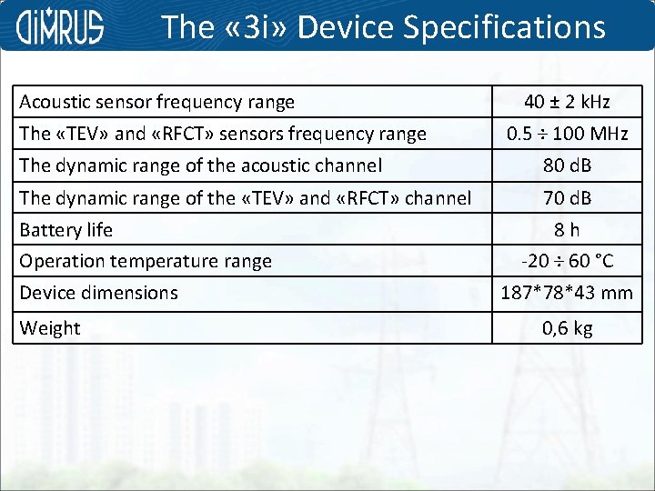 The « 3 i» Device Specifications Acoustic sensor frequency range The «TEV» and «RFCT»