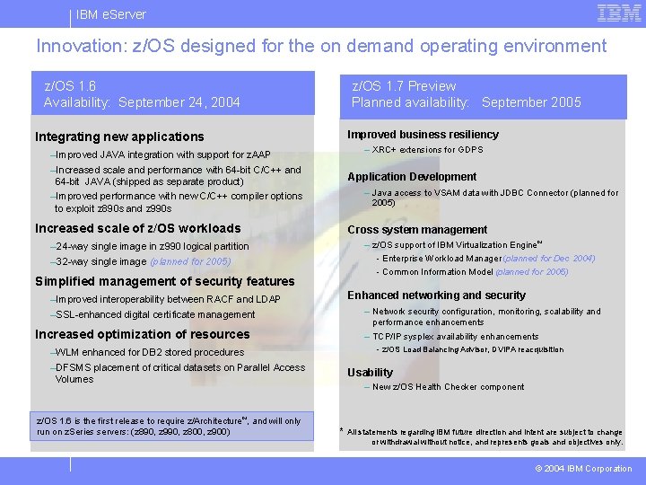 IBM e. Server Innovation: z/OS designed for the on demand operating environment z/OS 1. IBM e. Server Innovation: z/OS designed for the on demand operating environment z/OS 1.