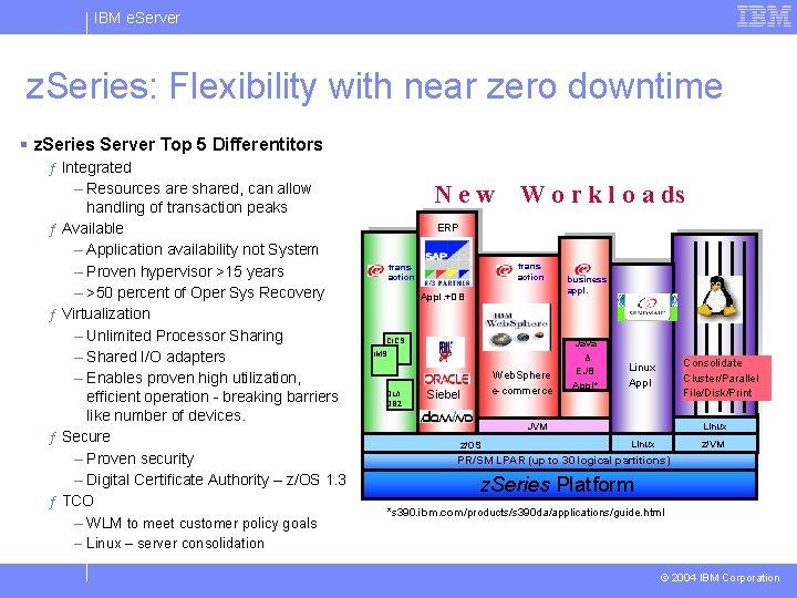 IBM e. Server z. Series: Flexibility with near zero downtime § z. Series Server