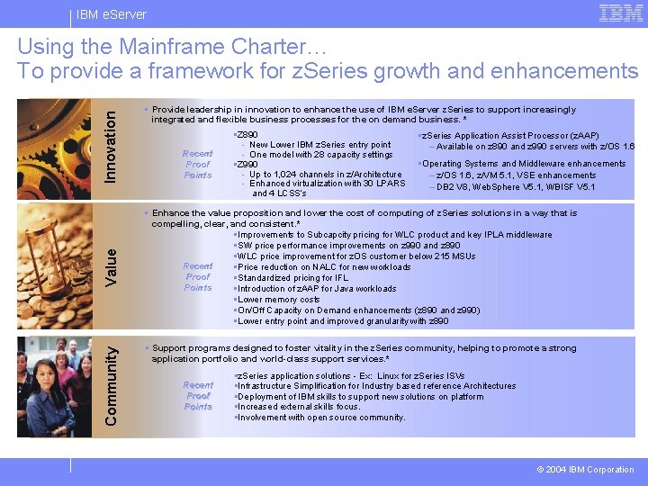 IBM e. Server Community Value Innovation Using the Mainframe Charter… To provide a framework