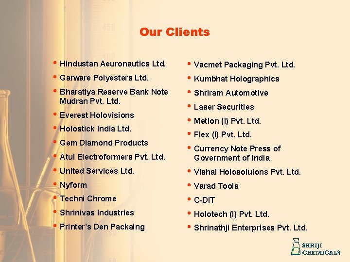 Our Clients • Hindustan Aeuronautics Ltd. • Garware Polyesters Ltd. • Bharatiya Reserve Bank