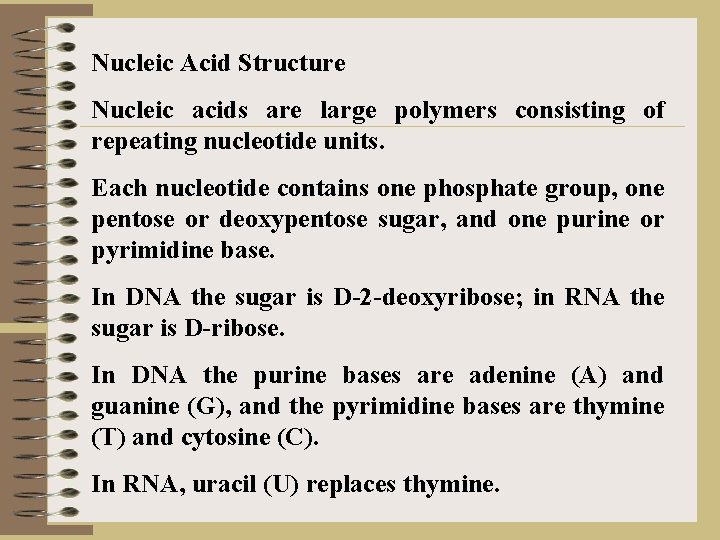 Nucleic Acid Structure Nucleic acids are large polymers consisting of repeating nucleotide units. Each