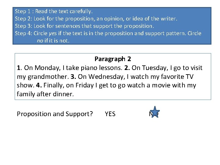 Step 1 : Read the text carefully. Step 2: Look for the proposition, an