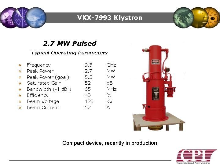 VKX-7993 Klystron 2. 7 MW Pulsed Typical Operating Parameters Frequency Peak Power (goal) Saturated