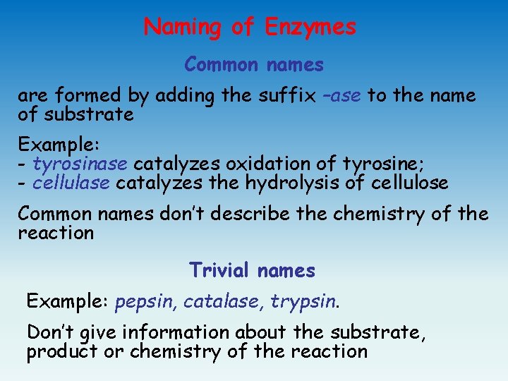 Naming of Enzymes Common names are formed by adding the suffix –ase to the