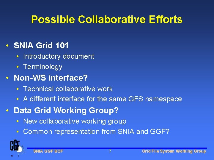 Possible Collaborative Efforts • SNIA Grid 101 • Introductory document • Terminology • Non-WS