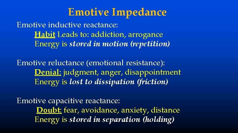 Emotive Impedance Emotive inductive reactance: Habit Leads to: addiction, arrogance Energy is stored in