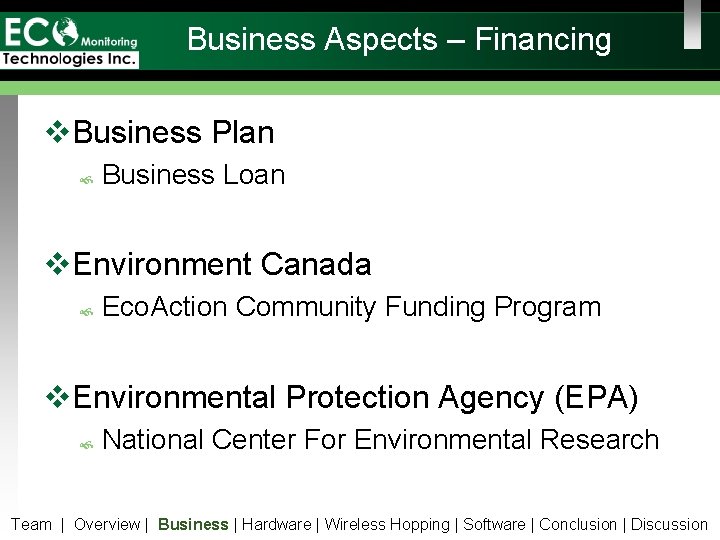 Business Aspects – Financing v. Business Plan Business Loan v. Environment Canada Eco. Action