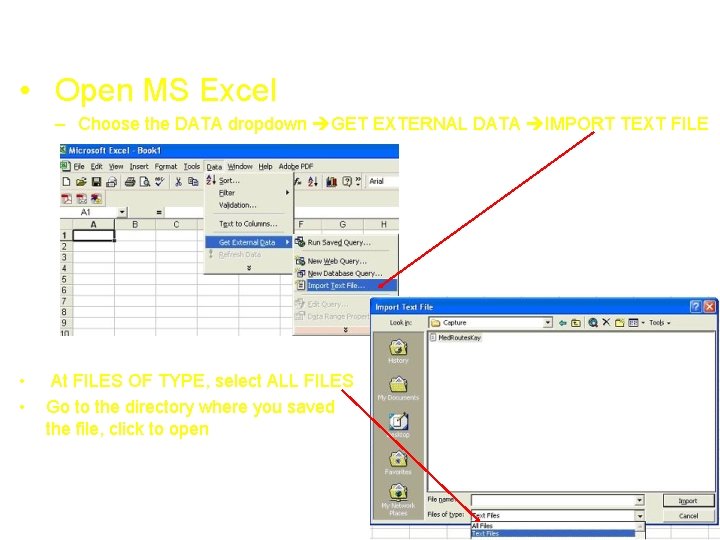 Formatting a captured report • Open MS Excel – Choose the DATA dropdown GET