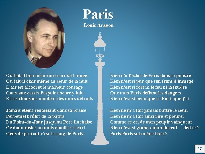 Paris Louis Aragon Où fait-il bon même au cœur de l'orage Où fait-il clair