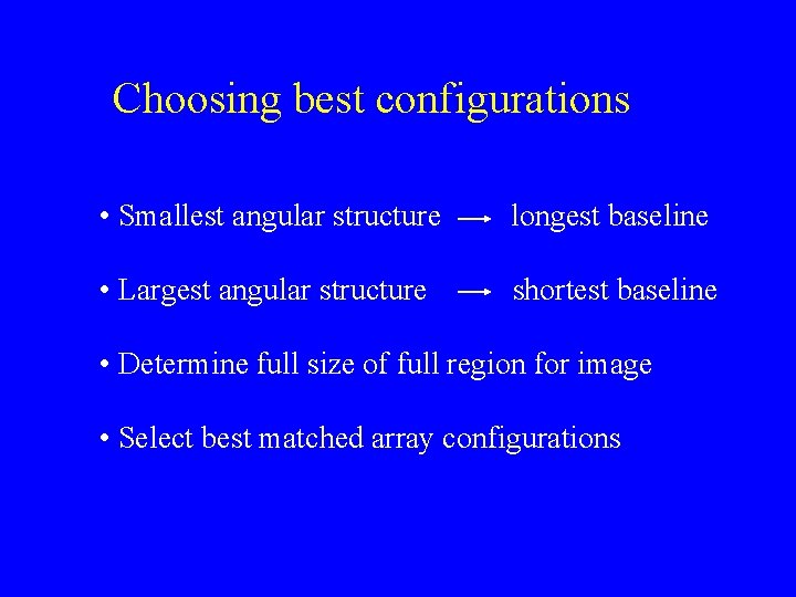 Choosing best configurations • Smallest angular structure longest baseline • Largest angular structure shortest