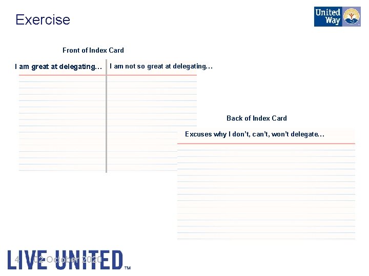 Exercise Front of Index Card I am great at delegating… I am not so