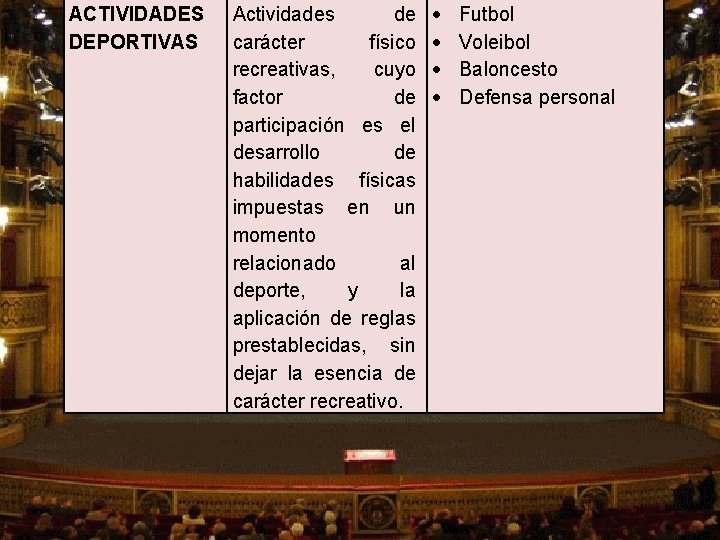 ACTIVIDADES DEPORTIVAS Actividades de carácter físico recreativas, cuyo factor de participación es el desarrollo