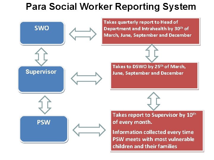  Para Social Worker Reporting System SWO Supervisor PSW Takes quarterly report to Head