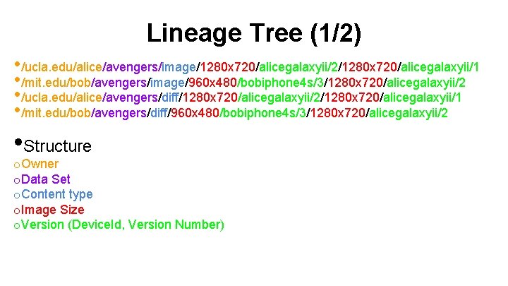 Lineage Tree (1/2) • /ucla. edu/alice/avengers/image/1280 x 720/alicegalaxyii/2/1280 x 720/alicegalaxyii/1 • /mit. edu/bob/avengers/image/960 x